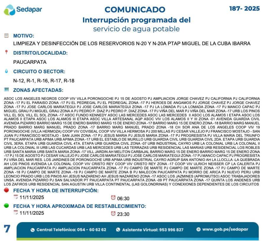 Corte de agua en 8 distritos de Arequipa.