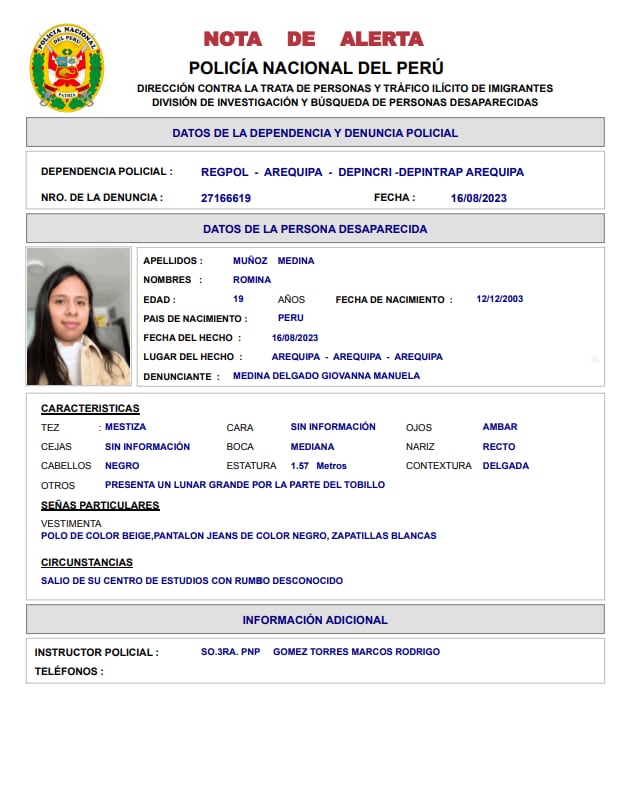 Nota de Alerta: Romina Muñoz Medina de 19 años ha sido declara como desaparecida en Arequipa.