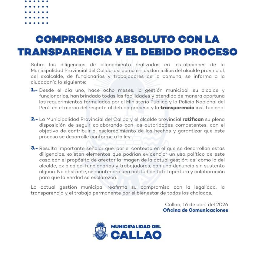 Comunicado de la Municipalidad del Callao tras allanamiento de viviendas vinculadas a autoridades. Foto: X / MuniCallao