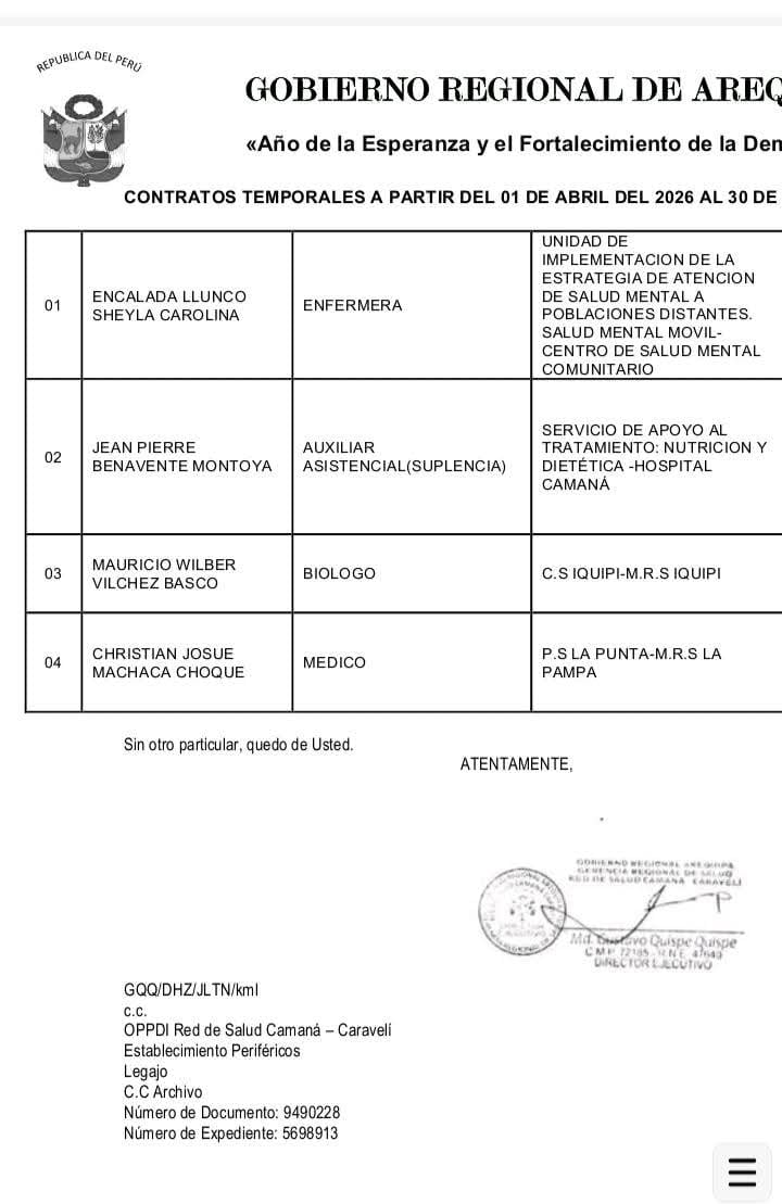 contratos cuestionados en la Red de Salud Camaná-Caravelí.