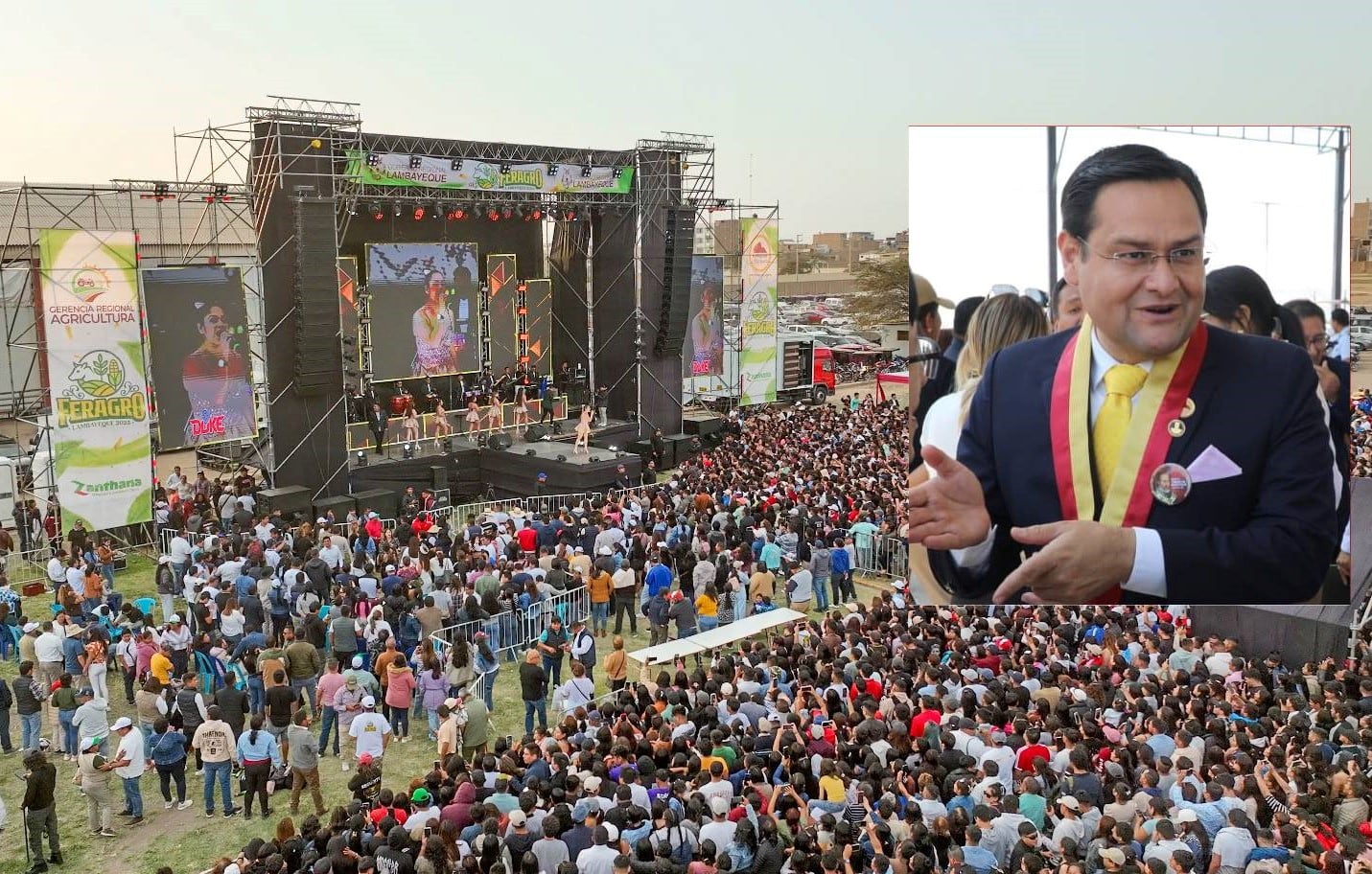 Presentación de grupos musicales en explanada de estadio.