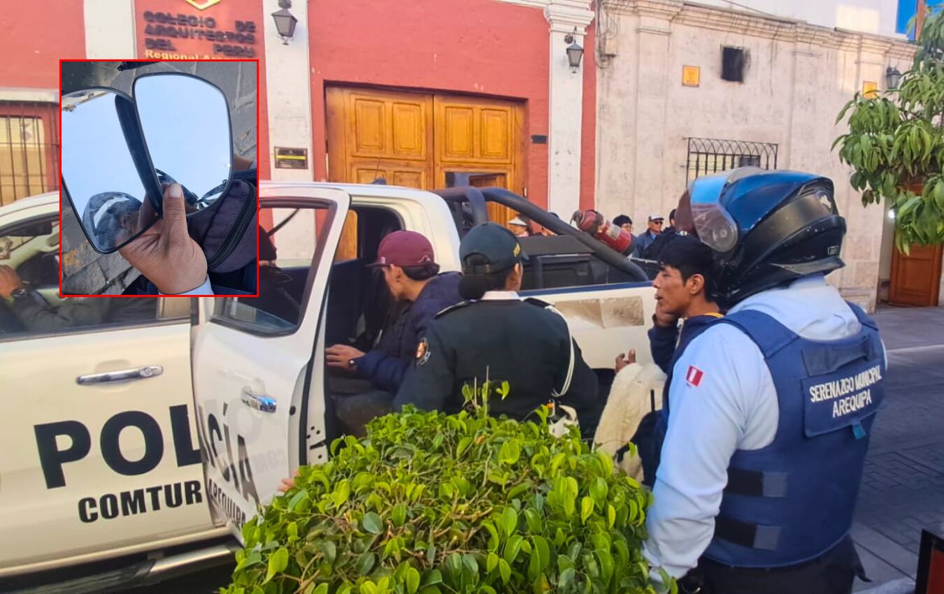 Intervienen a dos varones con antecedentes tras robo de espejos y hurto a vendedor en el Cercado de Arequipa. Foto: Serenazgo Arequipa.