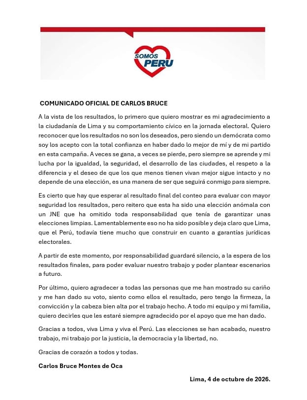 Comunicado de Carlos Bruce de Somos Perú.