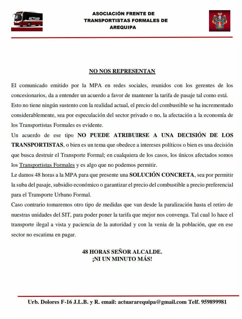 Comunicado de transportistas por el cual piden soluciones a la Municipalidad de Arequipa