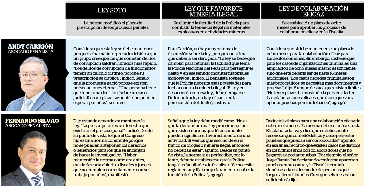 Esto opinan los expertos sobre las denominadas leyes procrimen. (Cuadro elaborado por Diario Correo)