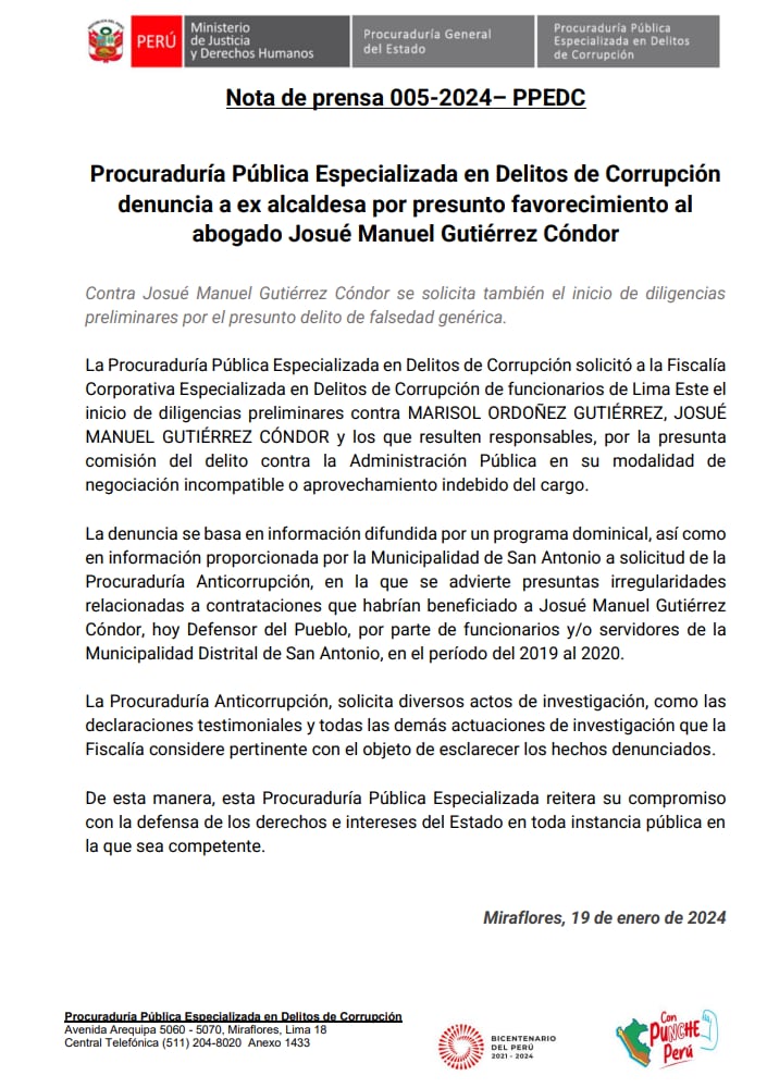 Procuraduría denuncia a exalcaldesa de San Antonio de Huarochirí y a Josué Gutiérrez.