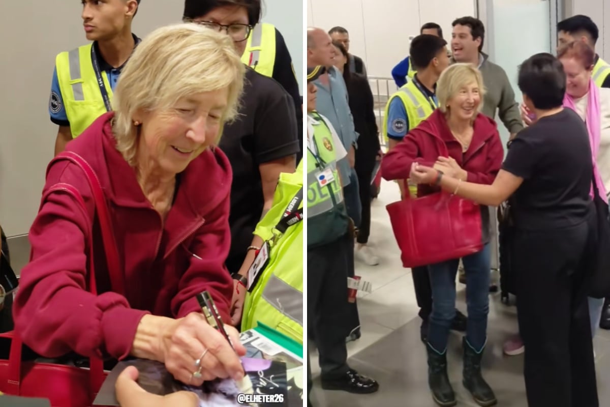 La actriz estadounidense, Lin Shaye, llegó al Aeropuerto Internacional Jorge Chávez, en Lima, Perú, el 7 de agosto de 2026, para promocionar 'La noche del demonio: Están entre nosotros', de la saga de 'Insidious'. (Captura de TikTok @elheter26)