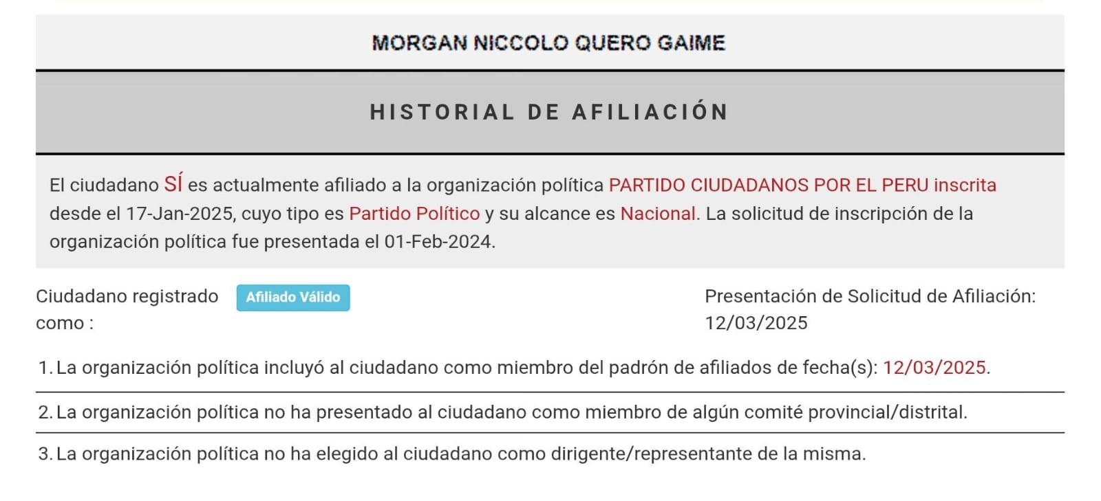 Afiliación del ministro de Educación, Morgan Quero a la organización política Ciudadanos Por el Perú. Foto: Captura.