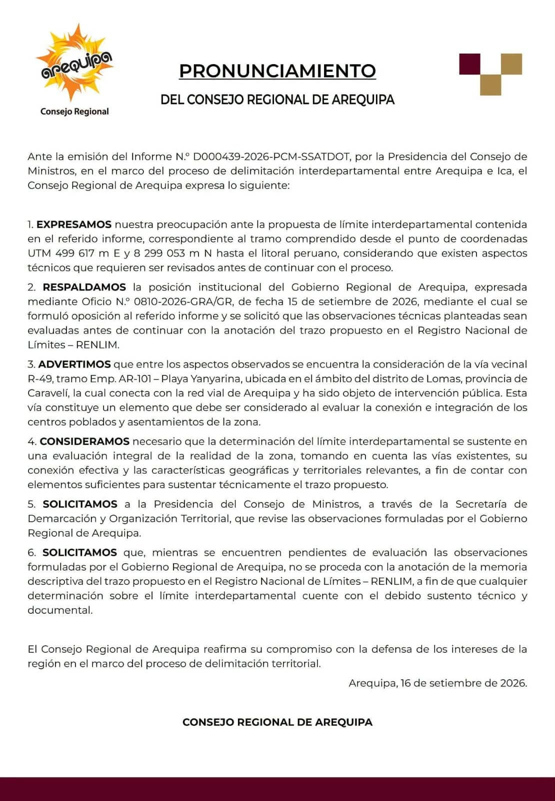 Pronunciamiento del Consejo Regional de Arequipa sobre límite con Ica.