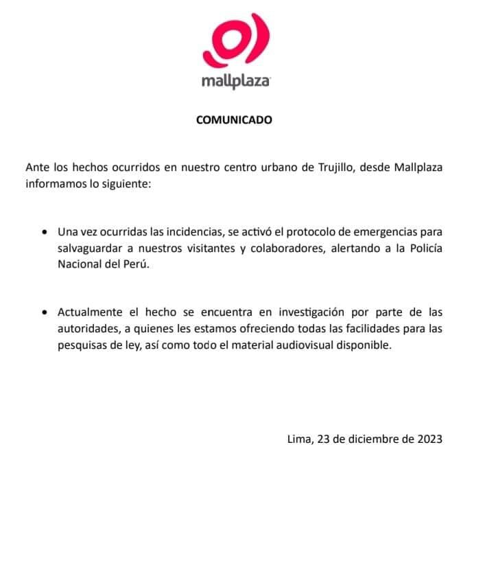 Mall Plaza Trujillo se pronuncia tras balacera.