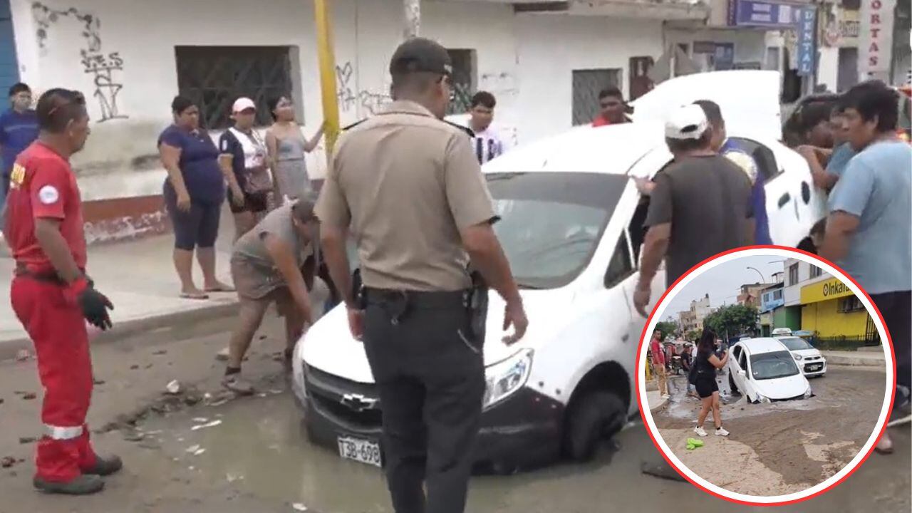 Bomberos de La Esperanza y vecinos ayudaron a retirar el vehículo del enorme forado.