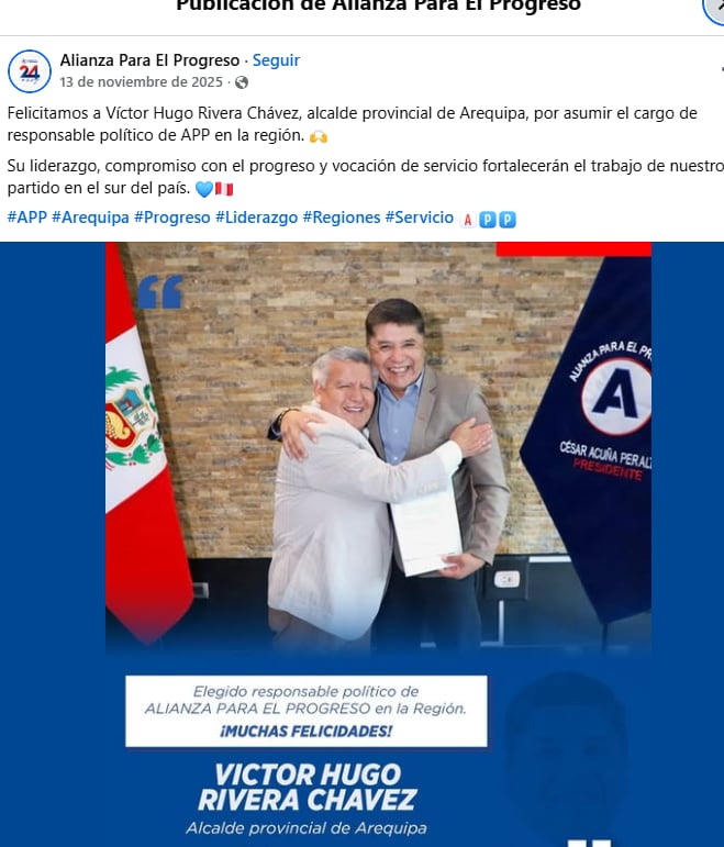 El alcalde Víctor Hugo Rivera asumió la responsabilidad de APP en la región (Foto: APP)