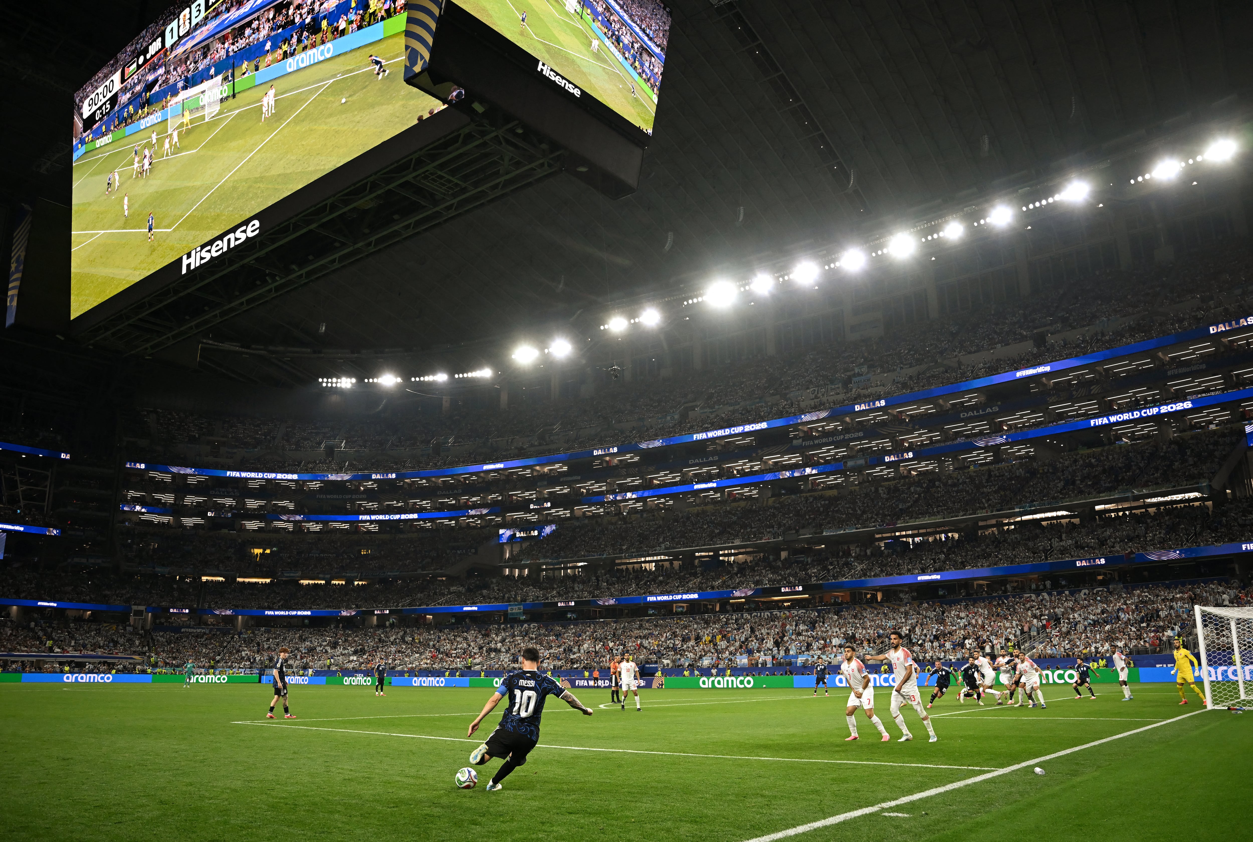 Argentina's forward #10 Lionel Messi kicks the ball during the 2026 World Cup Group J football match between Jordan and Argentina at the Dallas Stadium in Arlington on June 27, 2026. (Photo by Paul ELLIS / AFP)