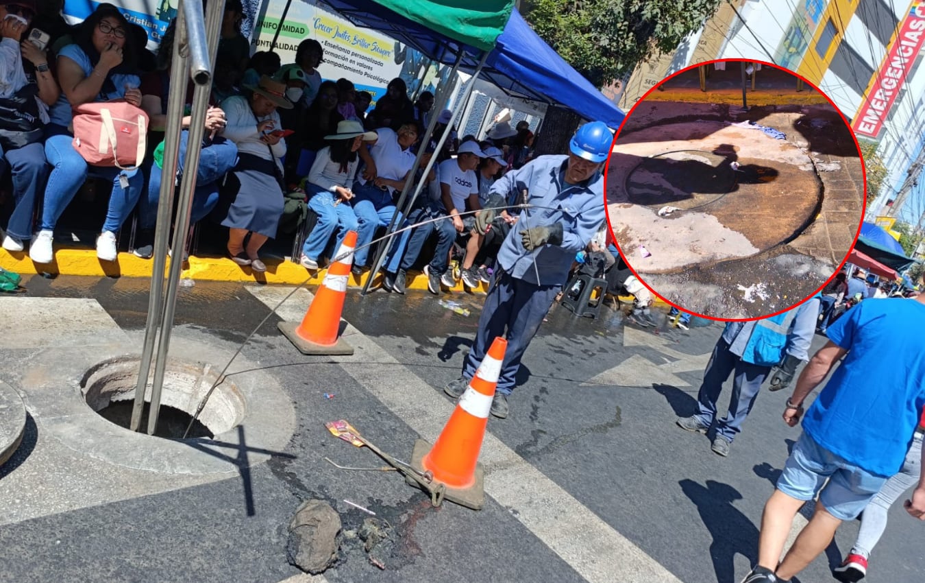 Obstrucción de desagüe generó malos olores y malestar durante el Corso de la Amistad 2026 en Arequipa. Foto: GEC.