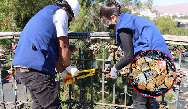 Retiran los conocidos "candados de amor" del puente Bolognesi, en Arequipa. Foto: MPA.