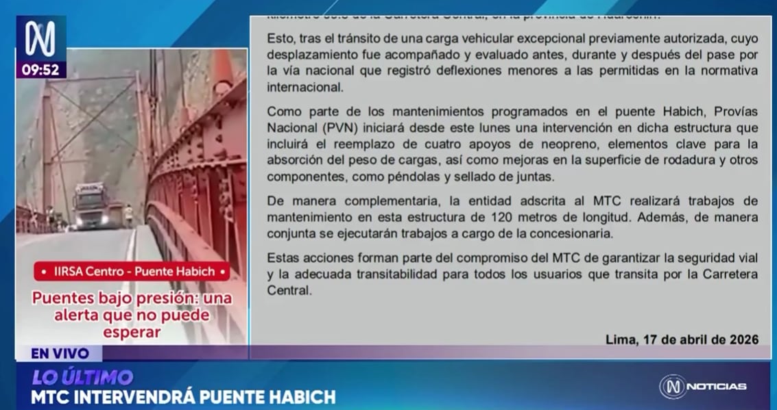 Provías Nacional iniciará desde este lunes trabajos en la estructura de la Carretera Central, donde se cambiarán apoyos de neopreno y se ejecutarán mejoras complementarias.