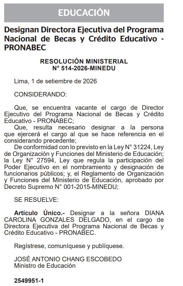 Resolución Ministerial N° 514-2026-MINEDU que designa a Diana Gonzales en la dirección de Pronabec.