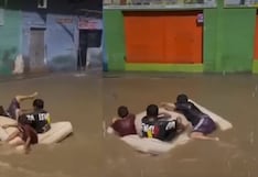 Piura: niños cruzan calles inundadas en colchón tras cinco horas de lluvias