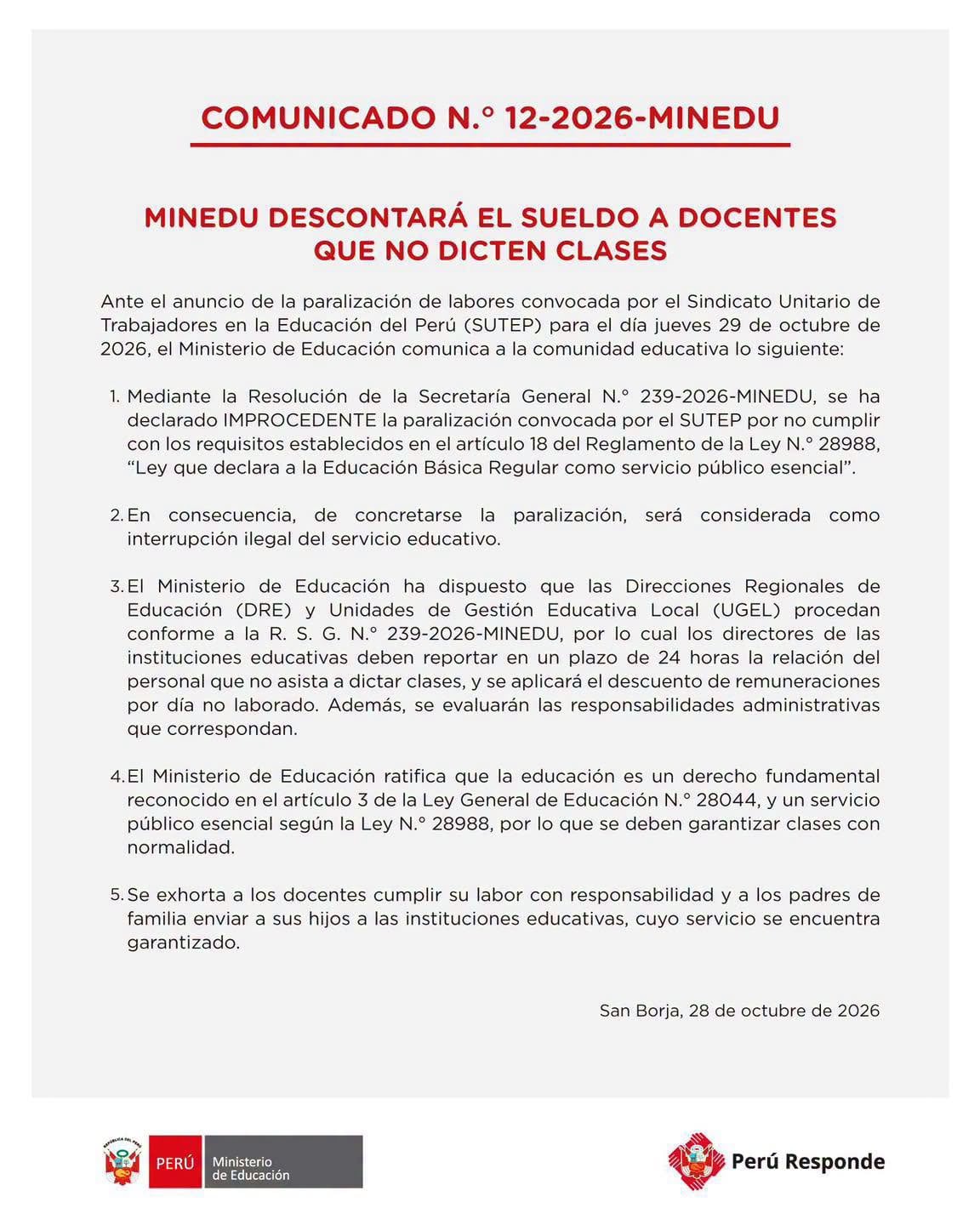 Comunicado del Minedu