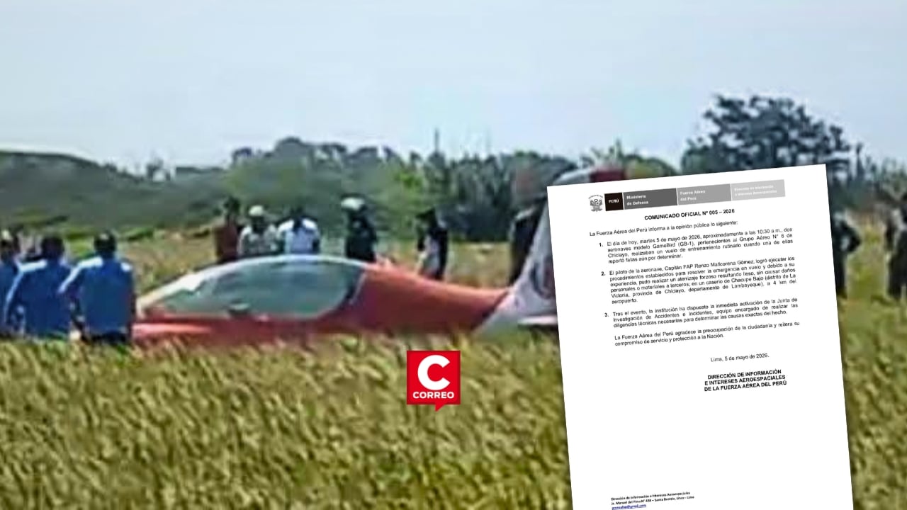 Chiclayo: aeronave FAP realiza aterrizaje de emergencia en campo de cultivo tras fallas técnicas. Composición: Diario Correo.