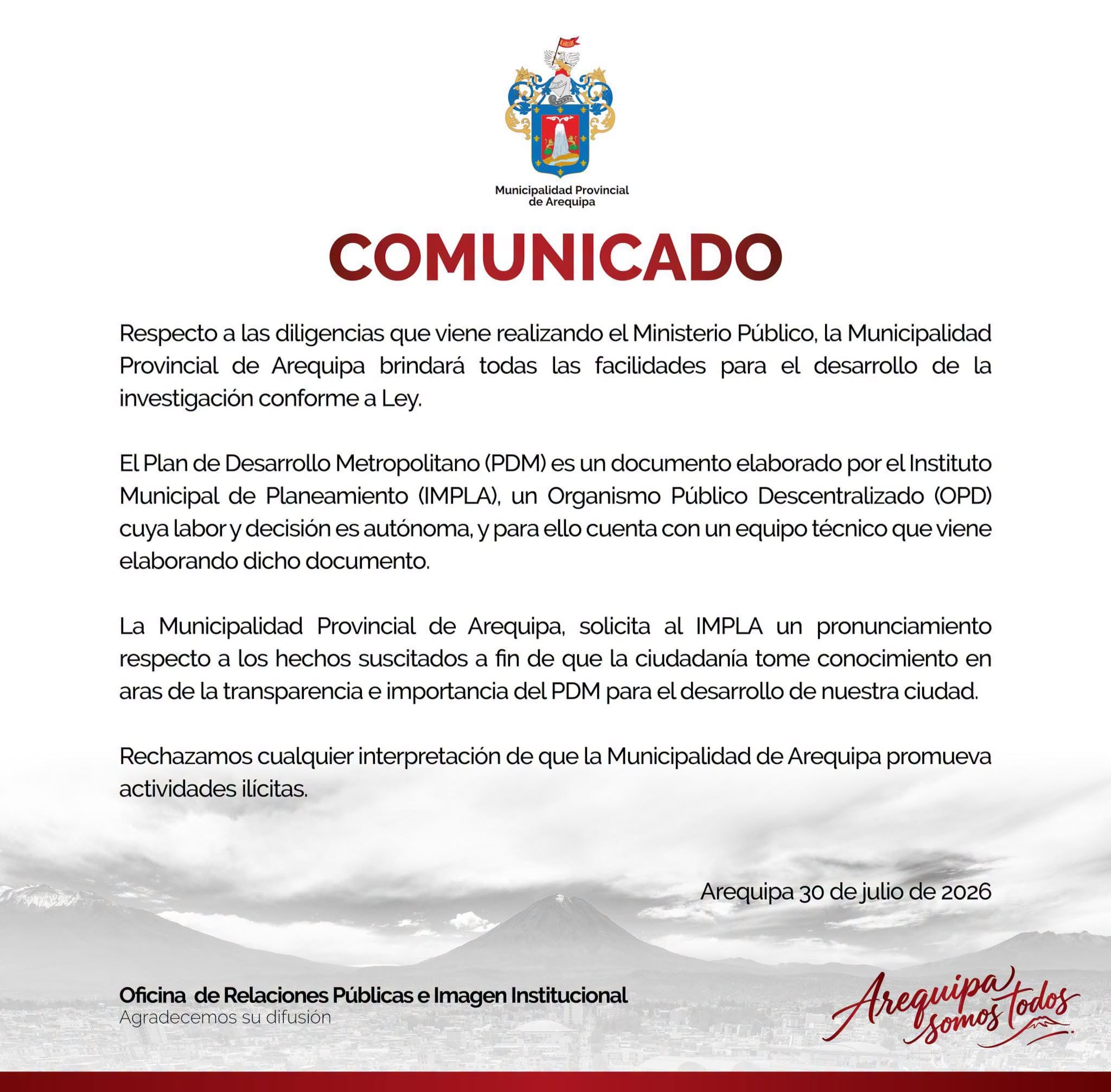 Comunicado de la Municipalidad Provincial de Arequipa.