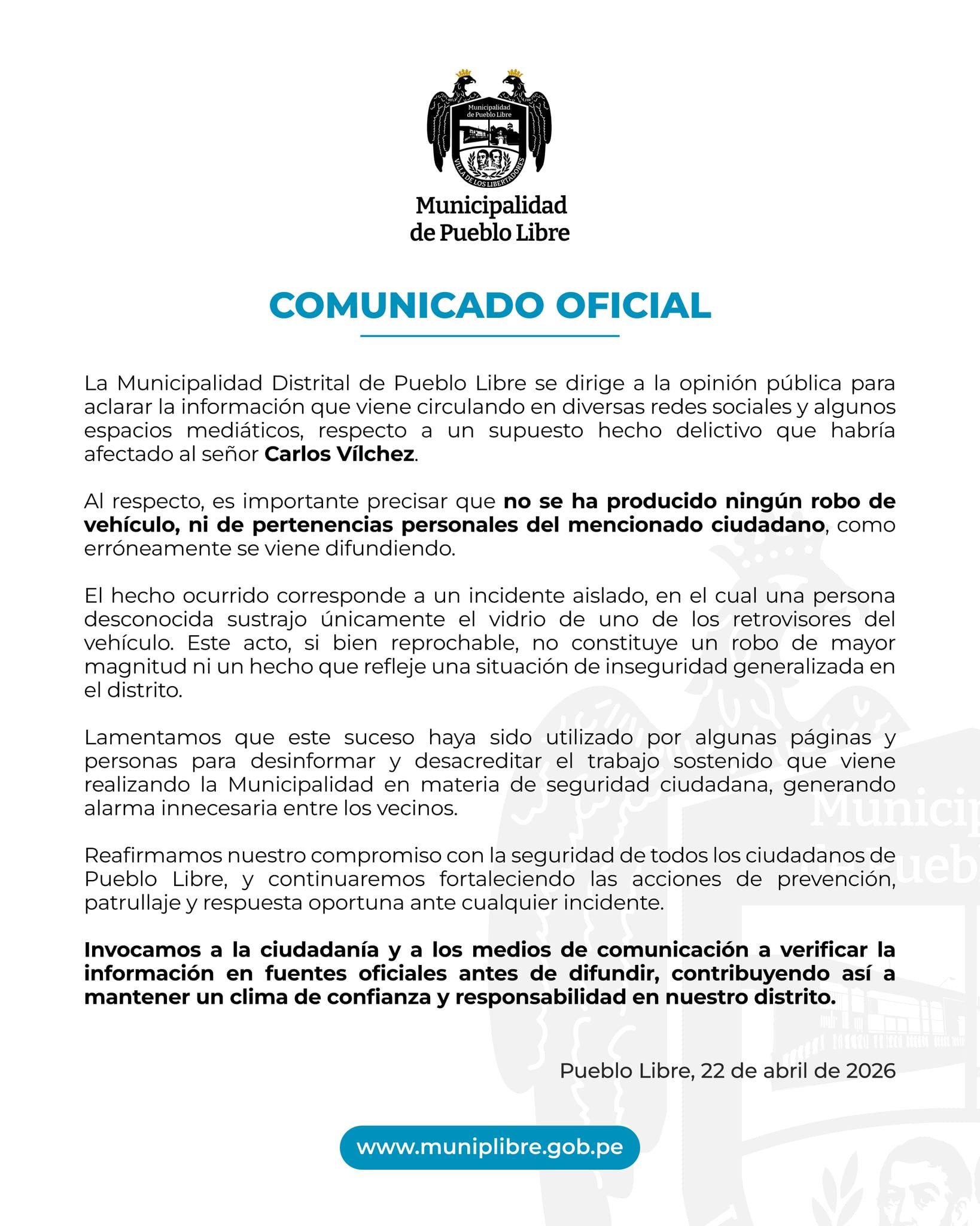Comunicado de la Municipalidad de Pueblo Libre