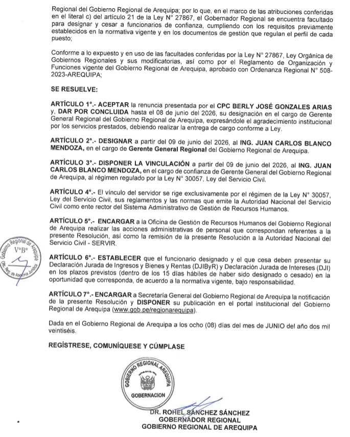Gobernador Rohel Sánchez emitió la resolución de Juan Carlos Blanco como gerente del Gobierno Regional de Arequipa