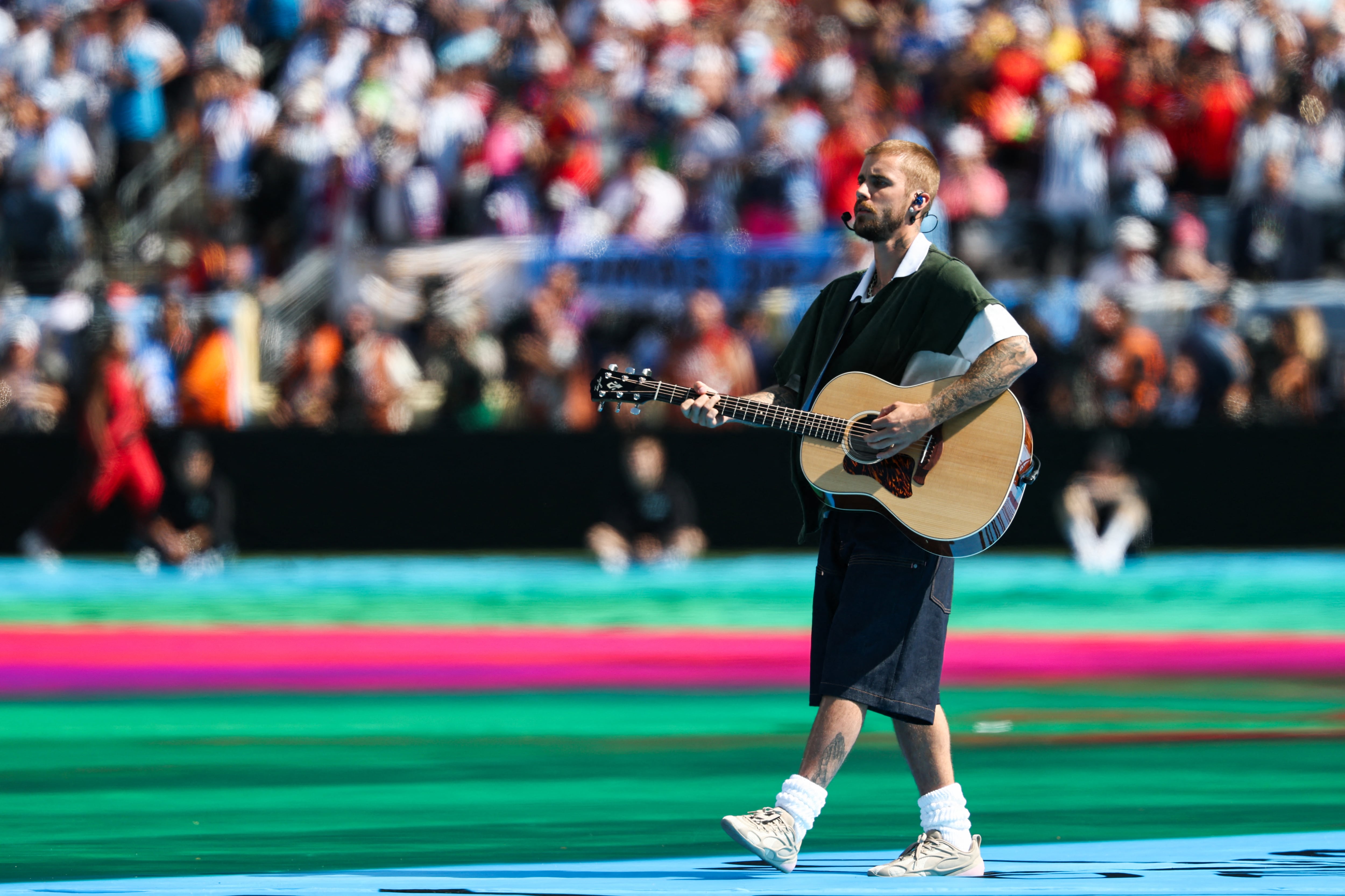 Canadian singer Justin Bieber performs during the halftime show of the 2026 World Cup football tournament final match between Spain and Argentina at the New York/New Jersey Stadium in East Rutherford on July 19, 2026. (Photo by FRANCK FIFE / AFP)