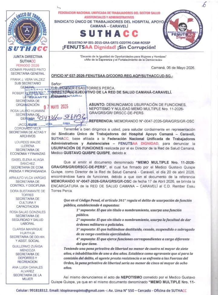 Denuncia por contratos CAS en la Red de Salud Camaná-Caravelí.