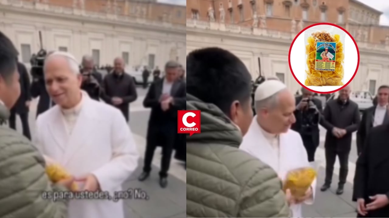 Papa León XIV recibe chifles piuranos en la Plaza de San Pedro y sorprende a fieles en plena audiencia. Composición: Diario Correo.