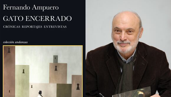 Fernando Ampuero junto a la portada de su libro (Foto: Tusquets)