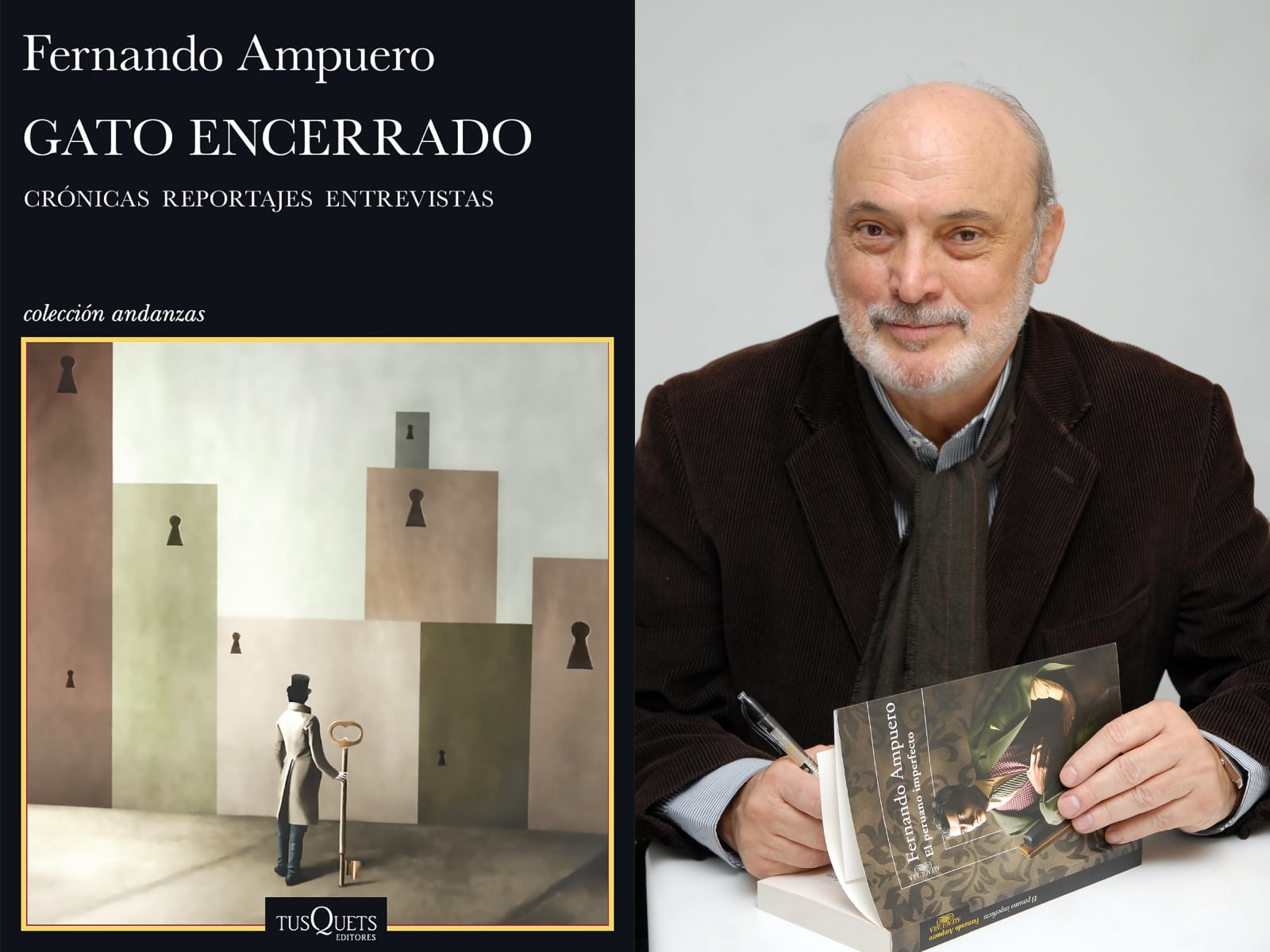 Fernando Ampuero junto a la portada de su libro (Foto: Tusquets)