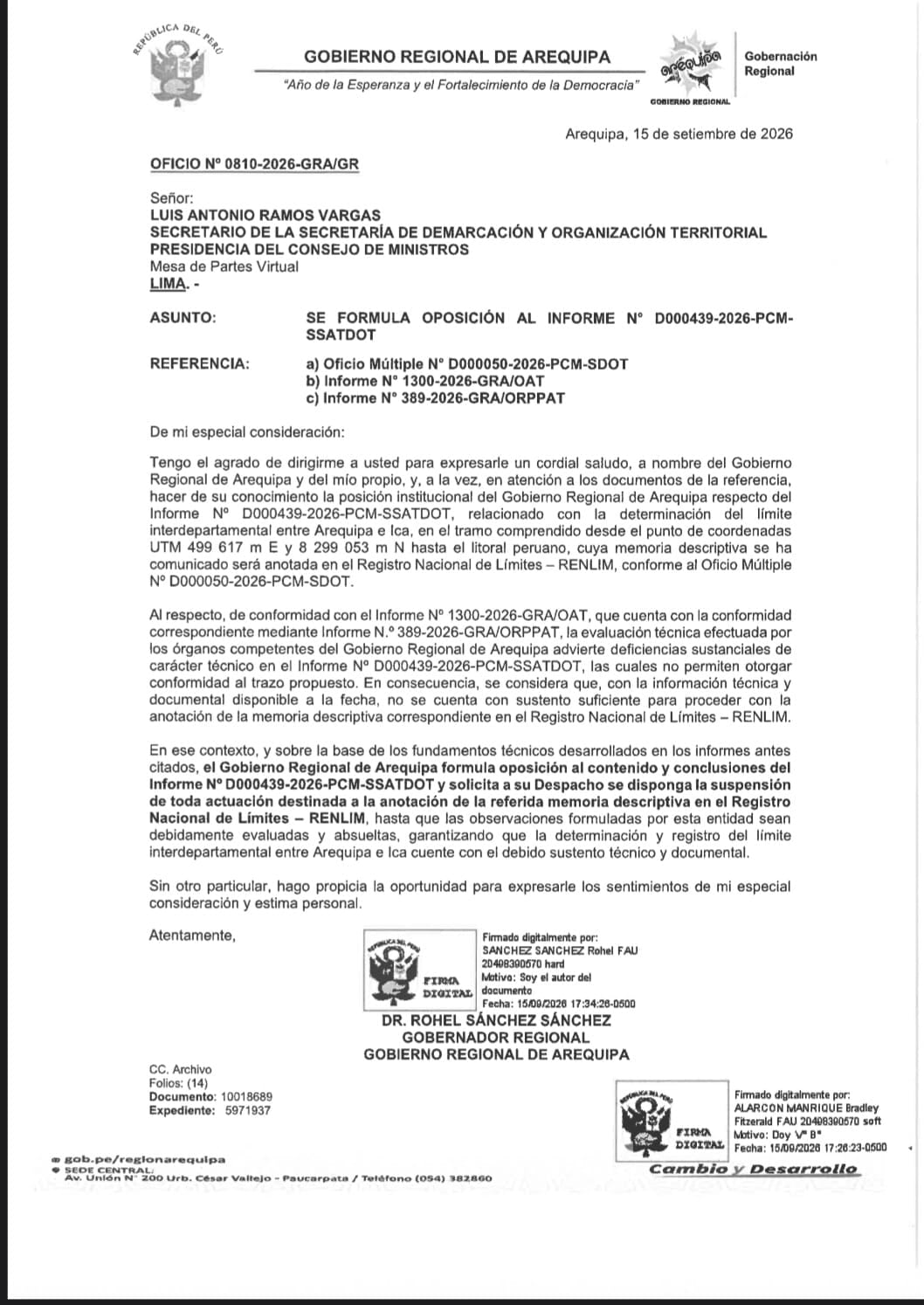 Oficio enviado por el Gobierno Regional de Arequipa sobre límite con Ica.