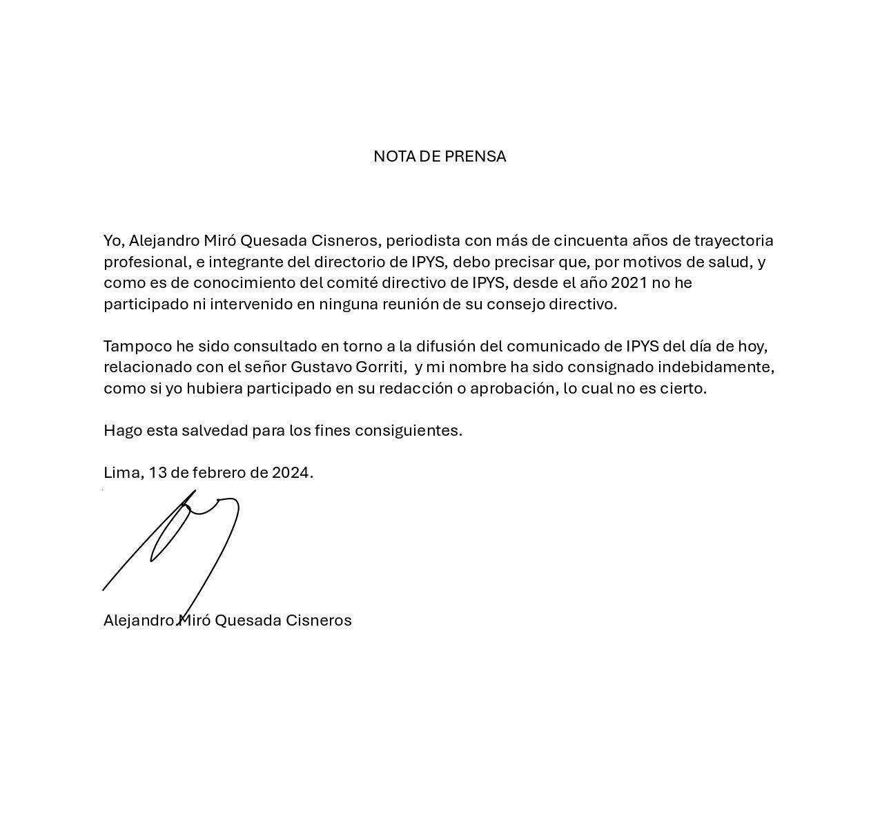 Comunicado de Alejandro Miró Quesada Cisneros (Fuente: El Comercio)