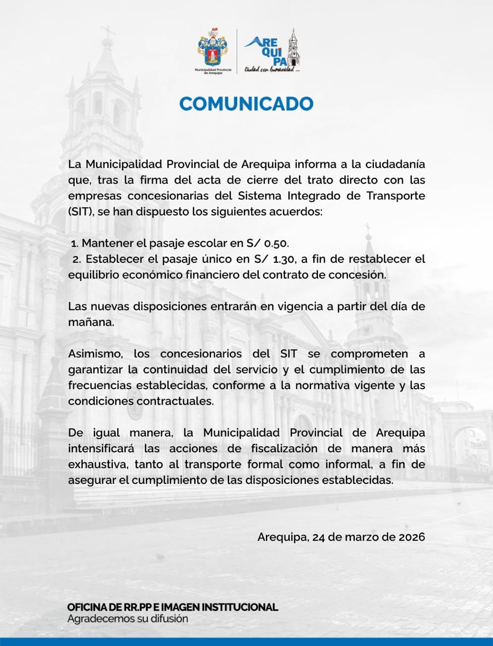 Municipalidad de Arequipa emitió un comunicado