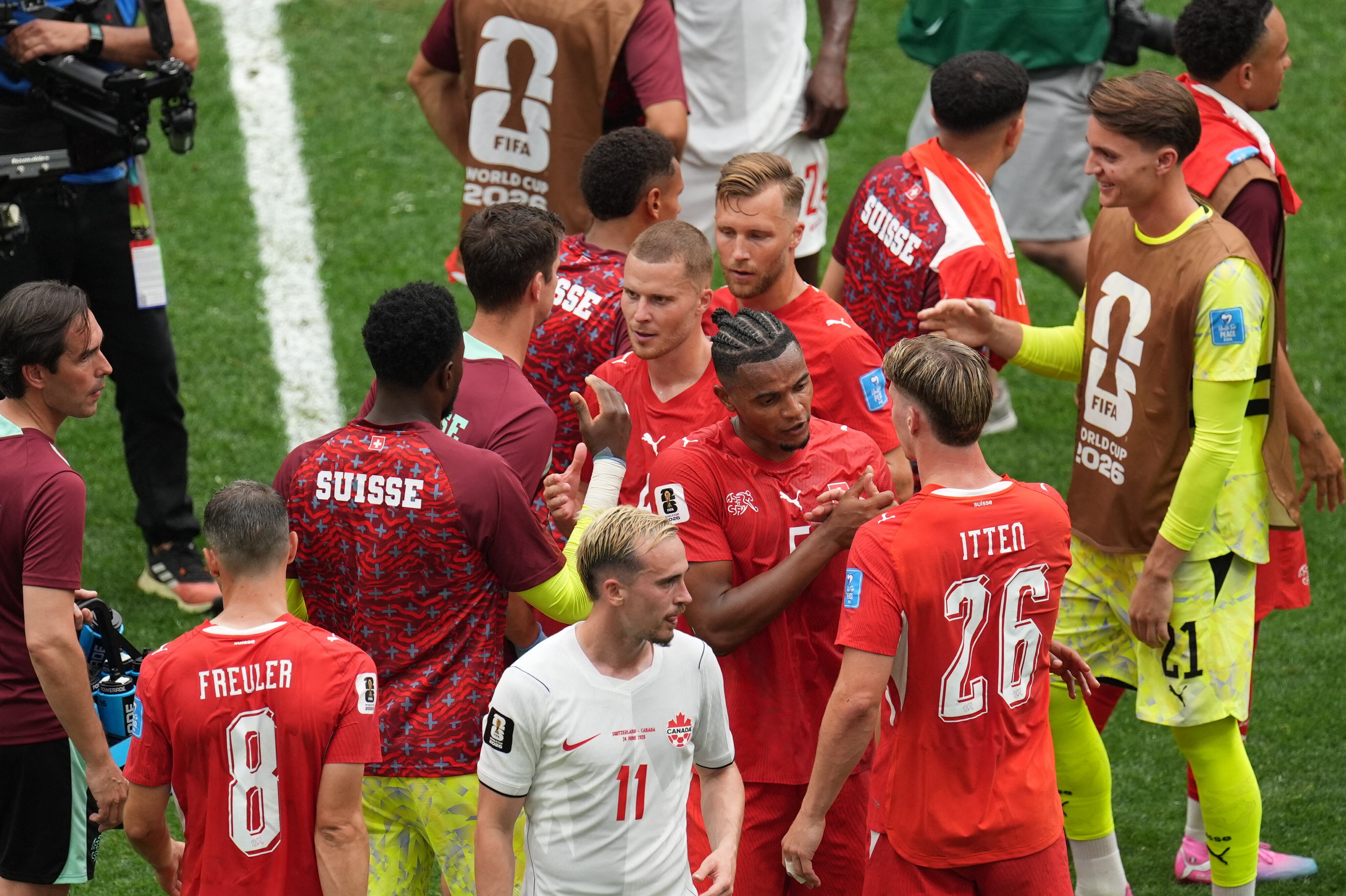 VANCOUVER, CANADA - JUNE 24: Players of Switzerland greet each other after the 2026 FIFA World Cup Group B match between Switzerland and Canada at BC Place Stadium in Vancouver, Canada, on June 24, 2026. Ercin Erturk / Anadolu (Photo by Ercin Erturk / Anadolu via AFP)