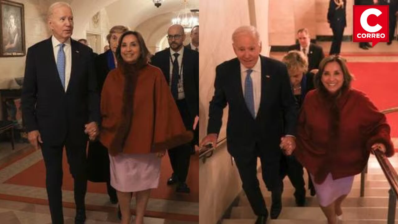 Dina Boluarte y Joe Biden caminando en la Casa Blanca, per no hubo reunión bilateral. (Fotos: Cancillería)