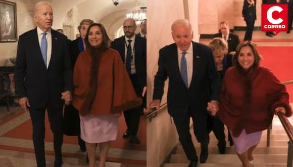 Dina Boluarte y Joe Biden caminando en la Casa Blanca, per no hubo reunión bilateral. (Fotos: Cancillería)