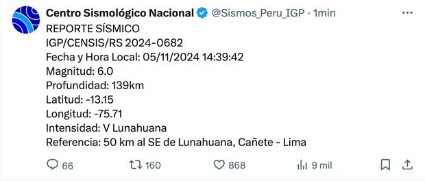 IGP detalha magnitude do terremoto em Lima