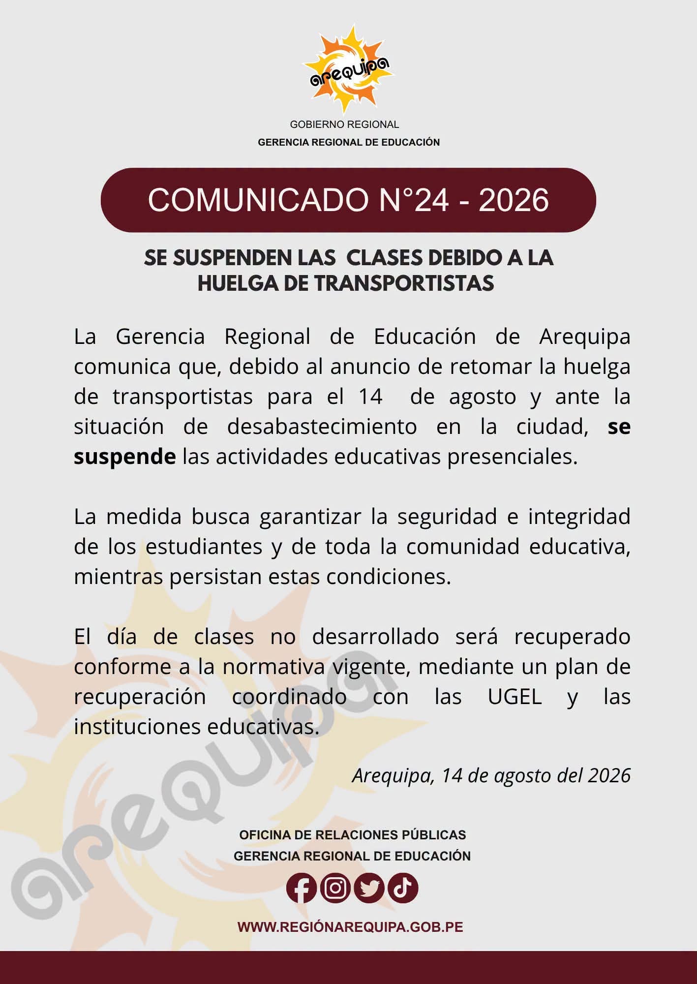 Gerencia de Educación suspendió las labores presenciales