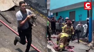 Policía arriesga su vida en voraz incendio y salva a un perrito en El Agustino