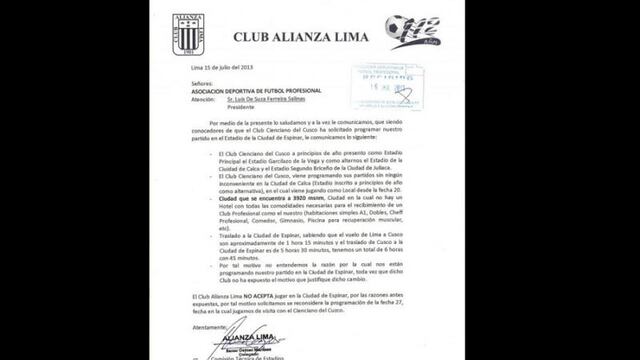 Alianza Lima no quiere jugar ante Cienciano en Espinar 