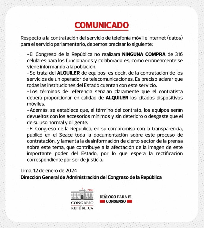 Congreso descarta compra de celulares