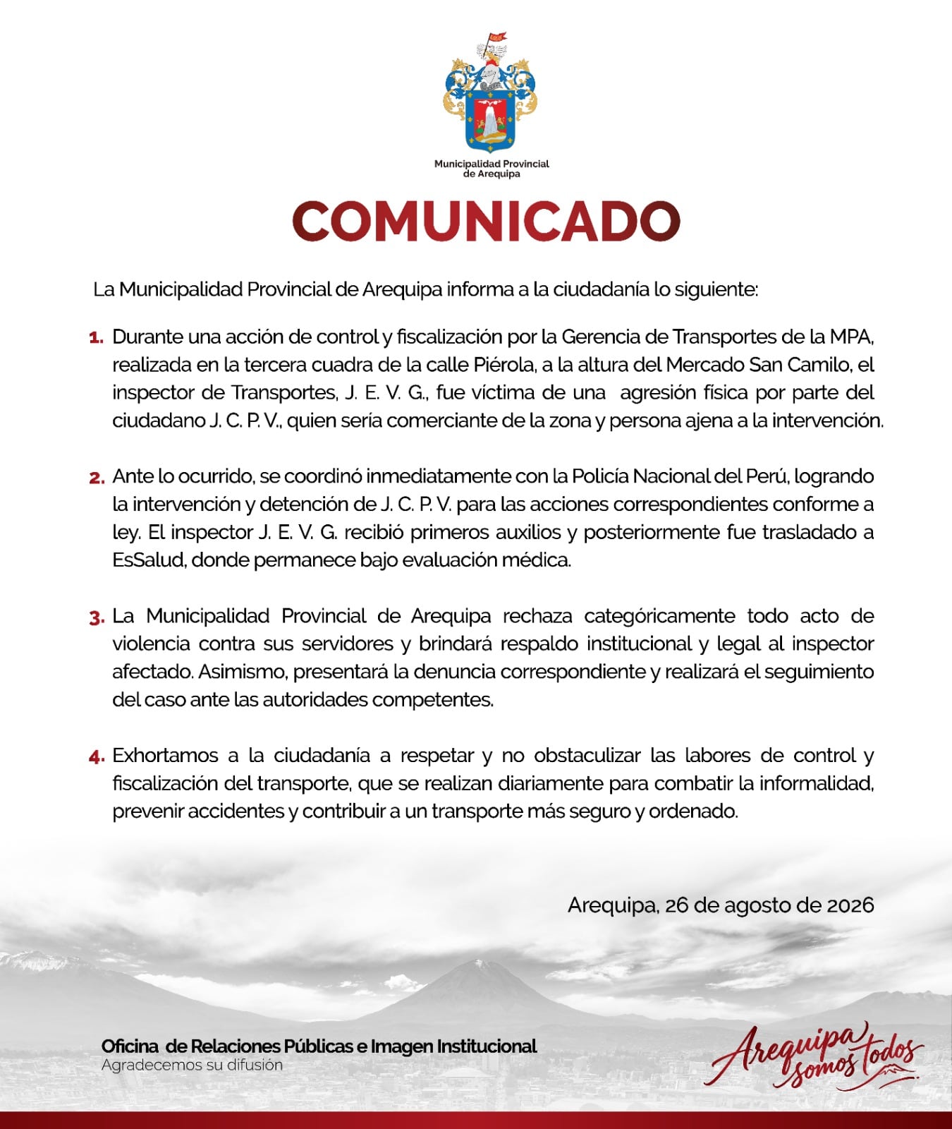 Comunicado de la Municipalidad Provincial de Arequipa