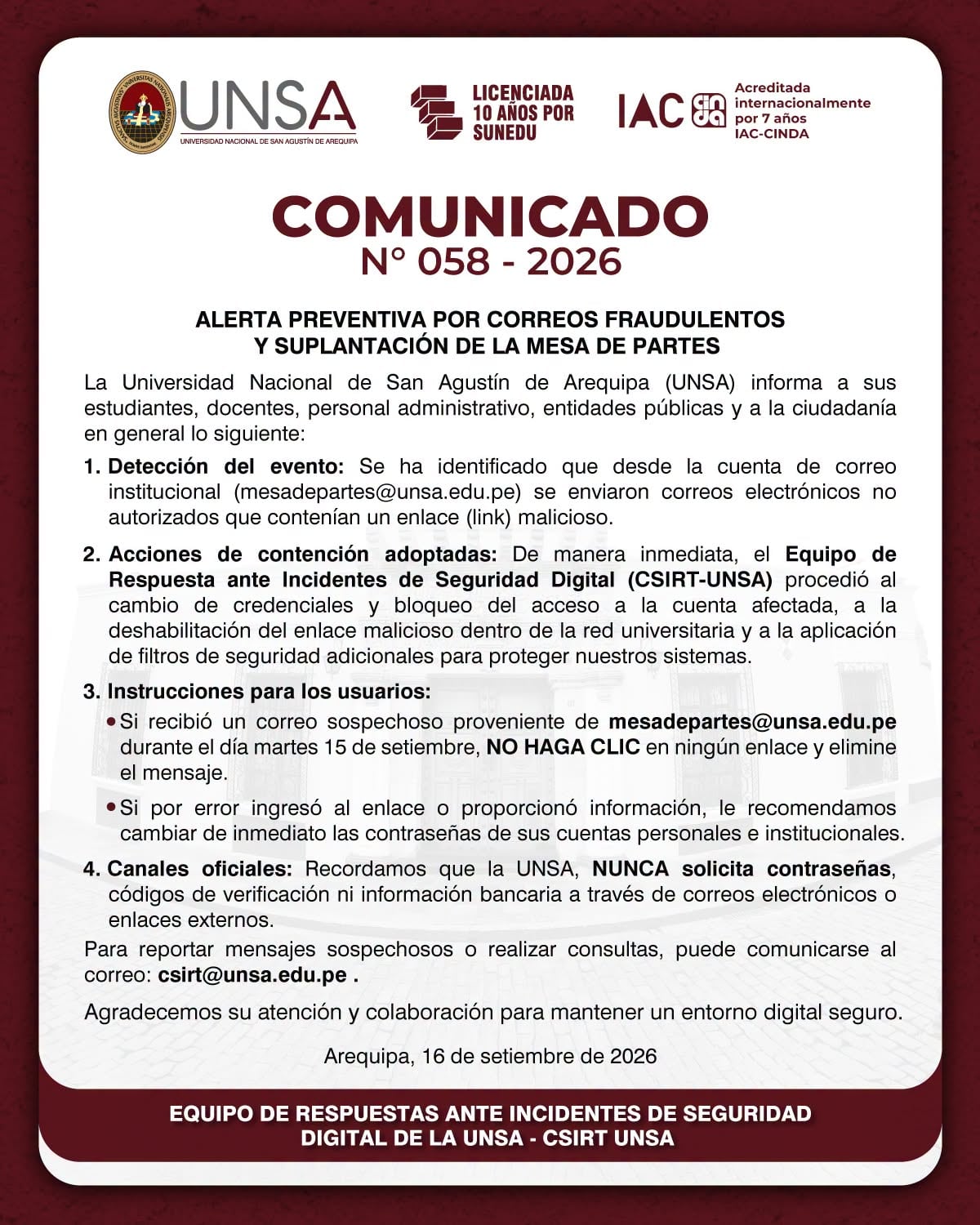 Comunicado de la UNSA sobre el envío de correos electrónicos desde la cuenta de mesa de partes (Fuente: UNSA)