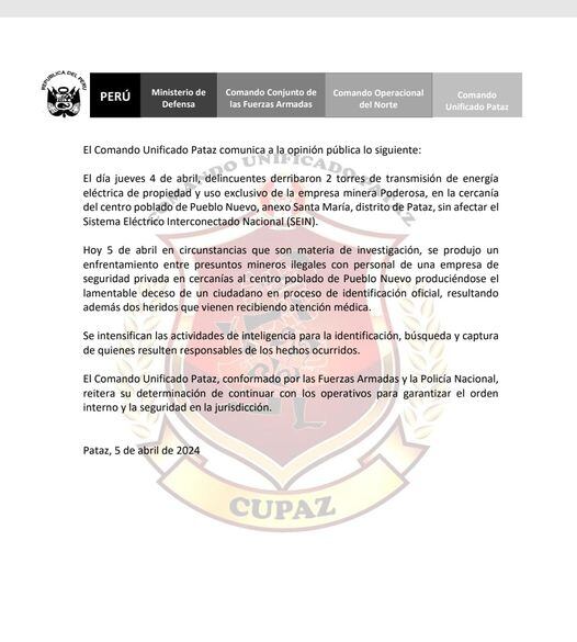 Comando Unificado de Pataz confirma ataque a la mina Poderosa en Pataz, La Libertad.