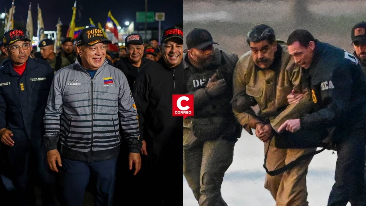 Diosdado Cabello reaparece en Caracas y jura traer de regreso a Nicolás Maduro tras su captura. Composición: Diario Correo.