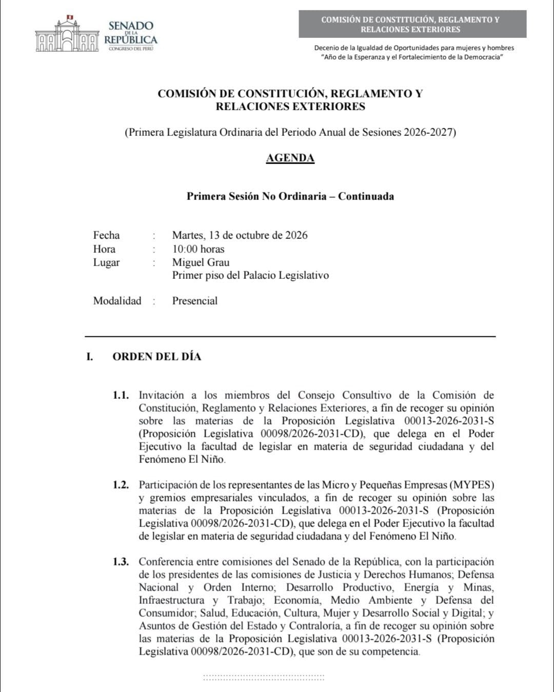 Agenda de la Comisión de Constitución del Senado.