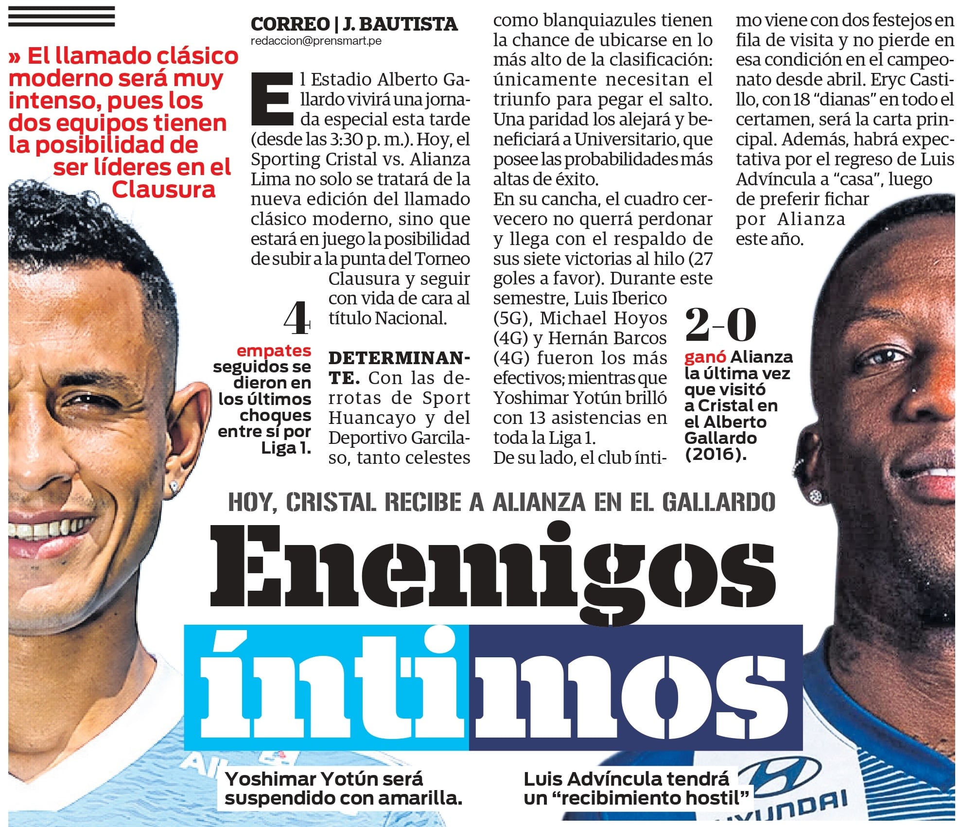 La previa del Sporting Cristal vs. Alianza Lima por Liga 1. (Foto: Print Correo)