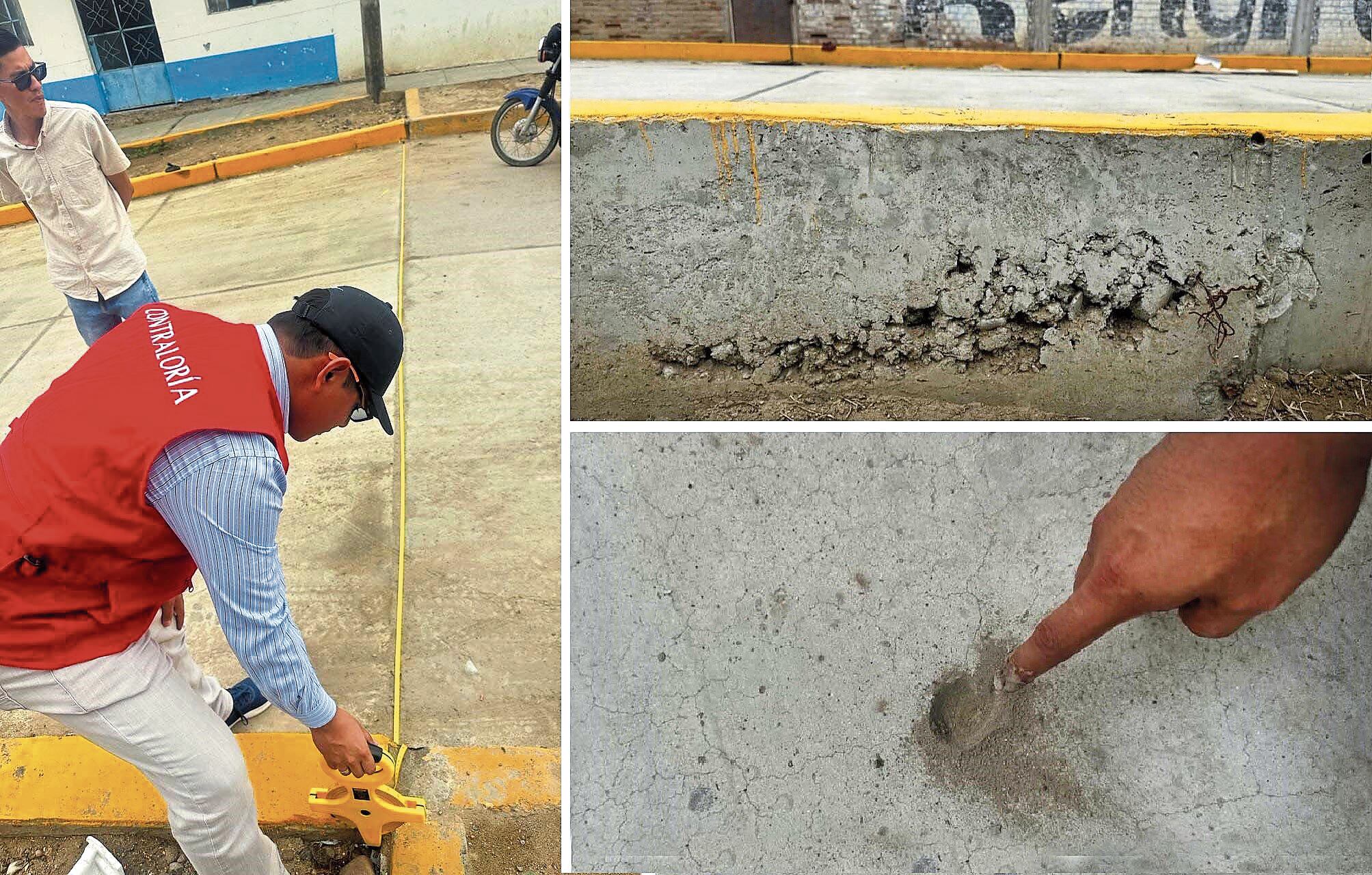 El órgano de control informó que la contratista no cumplió con las especificaciones porque el acabado de concreto del pavimento presenta fisuras. Además, hay deterioro prematuro de la superficie, despostillamiento y desprendimiento de concreto en borde del sardinel y vereda, y otras deficiencias.